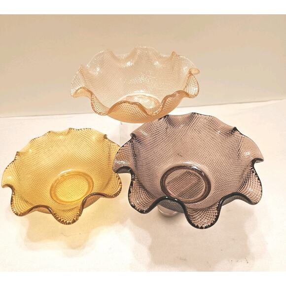 Vintage Italian Colony Pink Purple Amber Waffle Glass Ruffled Candy Bowls 3 Pc - Picture 1 of 13